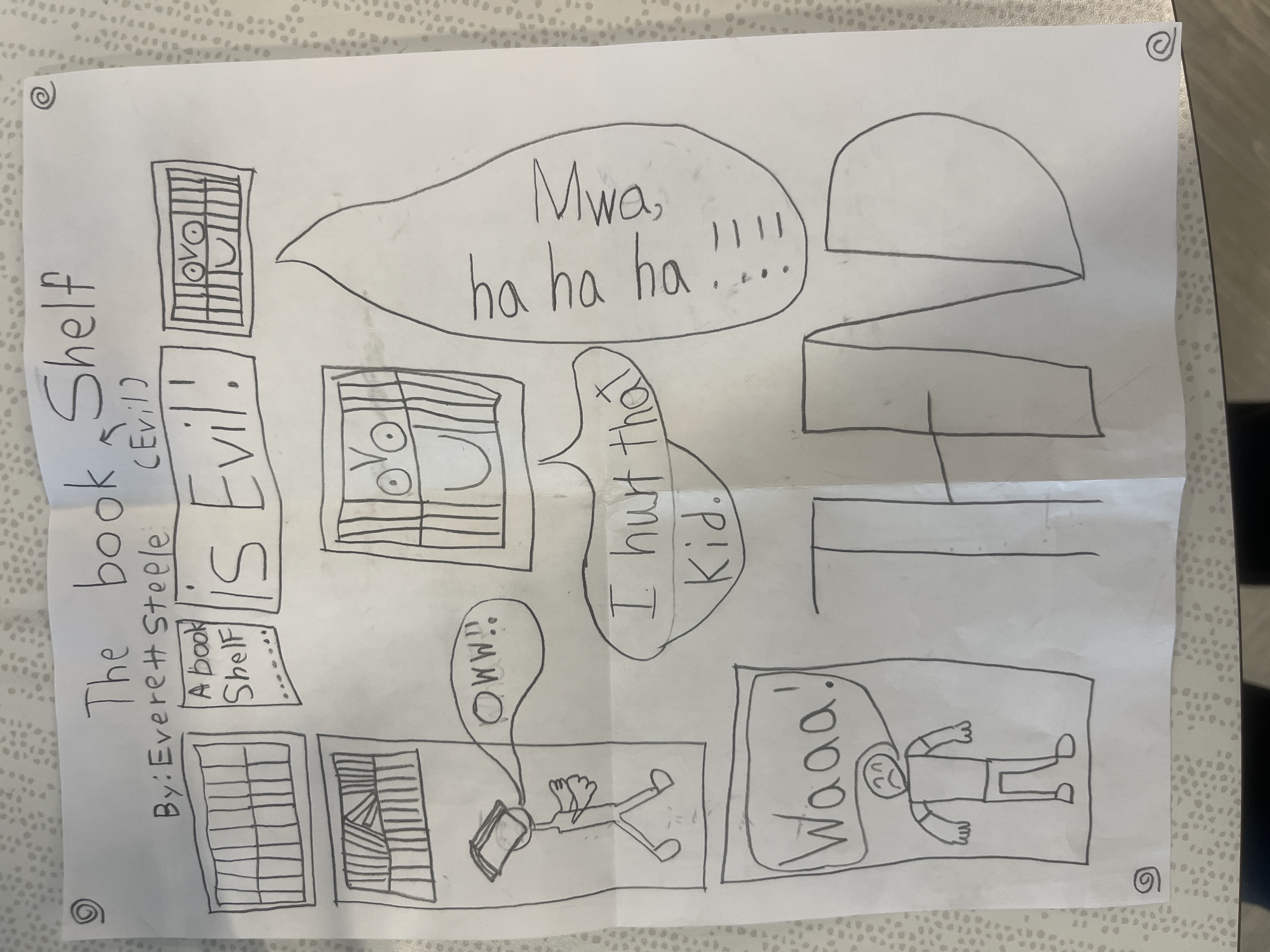 Hand drawn comic titled The Book Shelf Is Evil