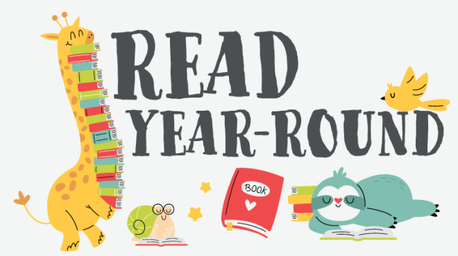 the words Read Year Round with animals holding and reading books. 