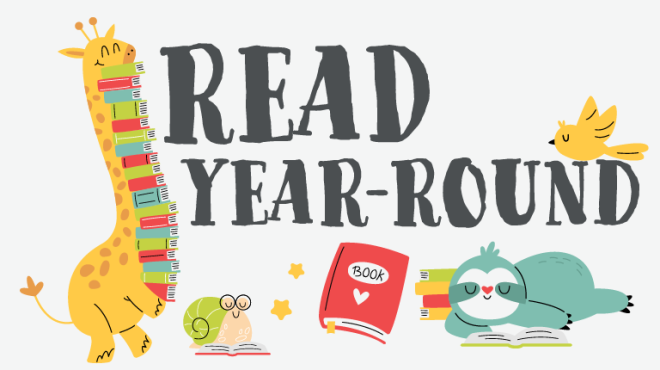 the words Read Year Round with animals holding and reading books.