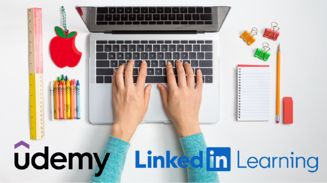 hands typing on keyboard.  Text reads Udemy and LinkedIn Learning