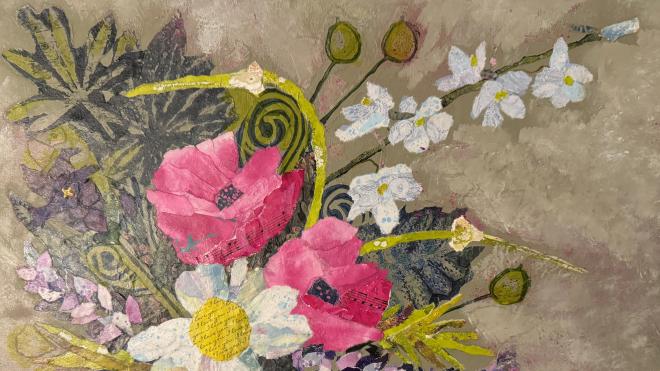 Painting of pink and white flowers on a tan background.