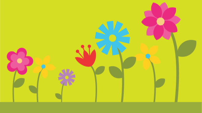 Digital illustration of spring flowers with a green background