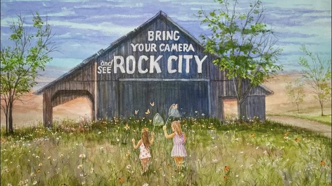 painting of two girls in front of a barn that says "Bring your camera and see Rock City"