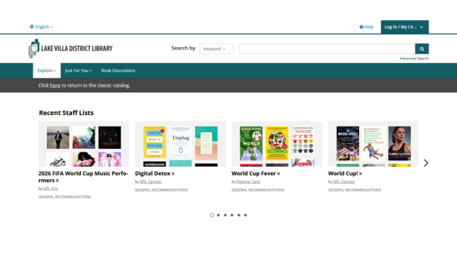A screenshot of the new lake villa district library catalog homepage. There is a logo, search bar, and staff book lists. 