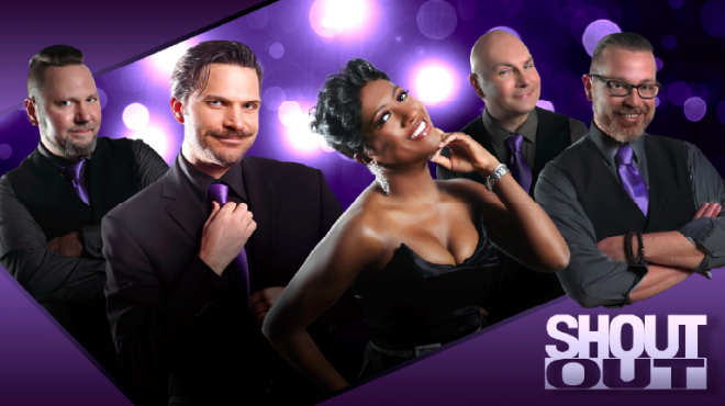 Promotional banner for Shout Out featuring five band members posed against a purple spotlight background with the Shout Out logo.