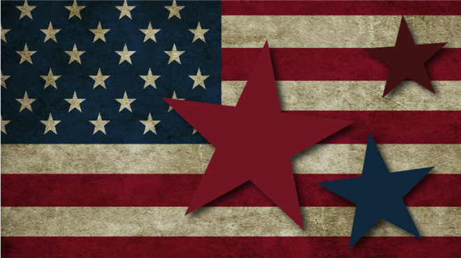 Decorative image of American Flag with large red and blue stars over it. 
