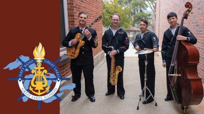 Photograph of four people in a navy uniform holding musical instroments. A logo that reads Navy Band Great Lakes, Great Lakes, Illinois. 
