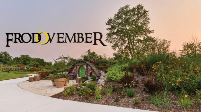 Text reads: Frodovember. Photograph of the Lake Villa District Library's hobbit inspired berm at sunset. 