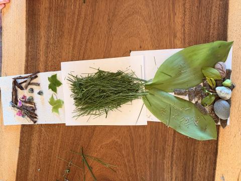 Found art assemblage using materials found outdoors. Art by Chloe Bitinas